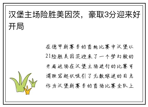 汉堡主场险胜美因茨，豪取3分迎来好开局
